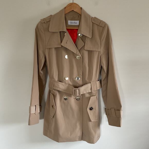 Calvin Klein Womens Sz M Double Breasted Trench Coat In Camel Tan Classic Preppy - Picture 1 of 13